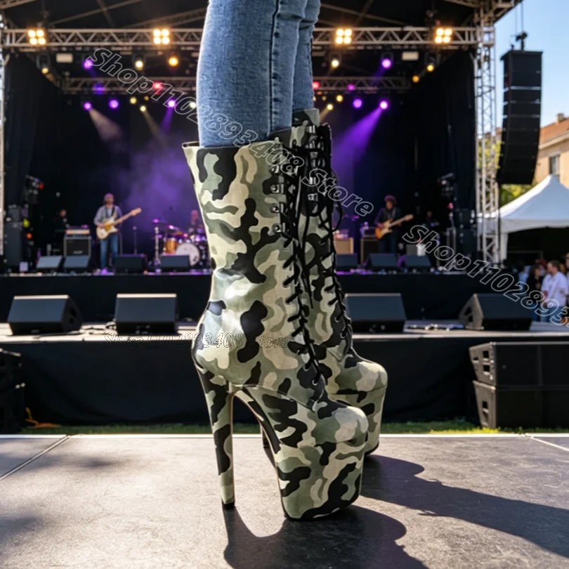 Mixed Lace up Platform Short Boots Performance Side Zipper Thin High Heels 20CM Women Pole Dance Sexy Boots Zapatos Para Mujere