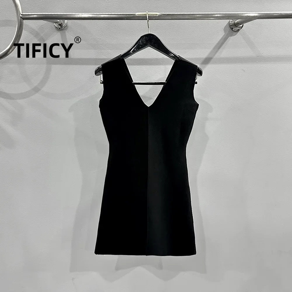 TIFICY High Street Mini Slim Kleider Damen Frühling/Sommer Rippstrick Slim Fit Ro Style V-Ausschnitt Schwarzes Strickkleid Vestidos