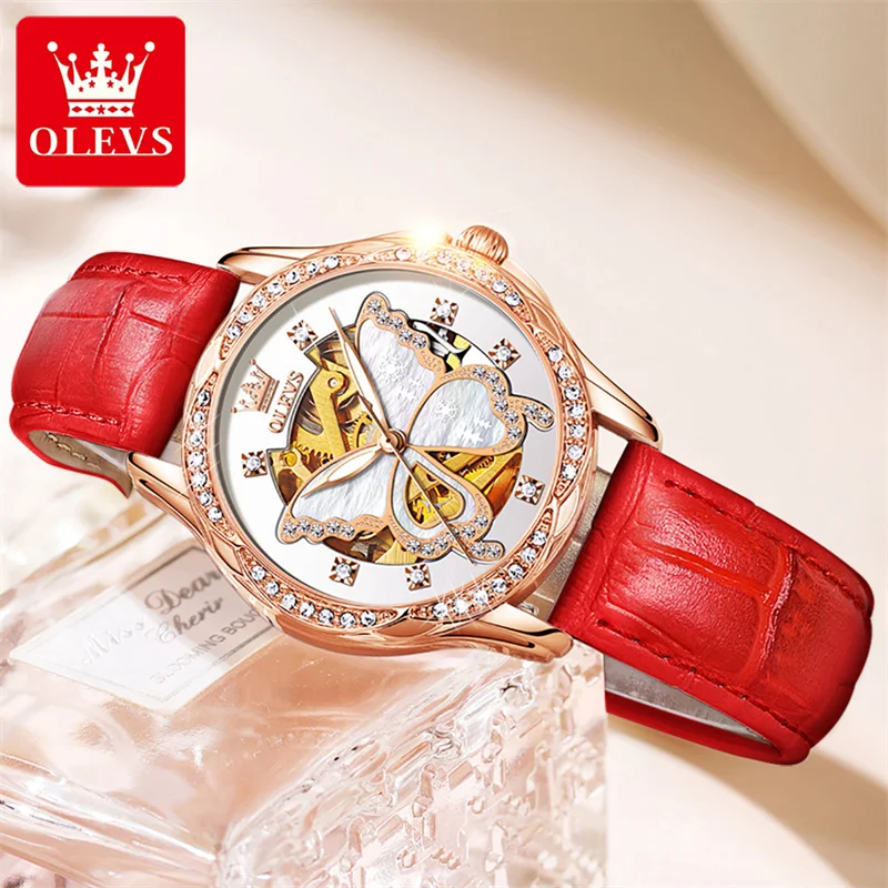 OLEVS-reloj mecánico automático para mujer, pulsera resistente al agua con esfera de mariposa, marca superior de lujo, de cuero, a la moda