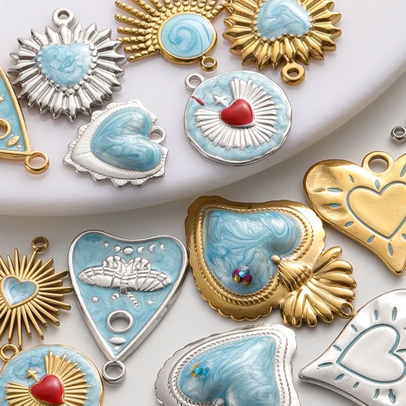 5 Stück/Set Öltropfen-Heiliges-Herz-Anhänger für Halskette Schlüsselanhänger DIY Edelstahl Herz-Charms Zubehör Blaue Liebes-Charms – Detail 1