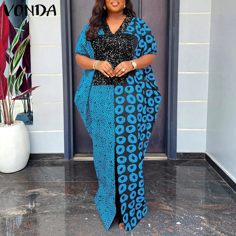 Plus Size 5XL VONDA Women Long Maxi Dress Vintage Indie Folk Patchwork Printed Vestidos 2026 Summer Sundress Party V-Neck Robe