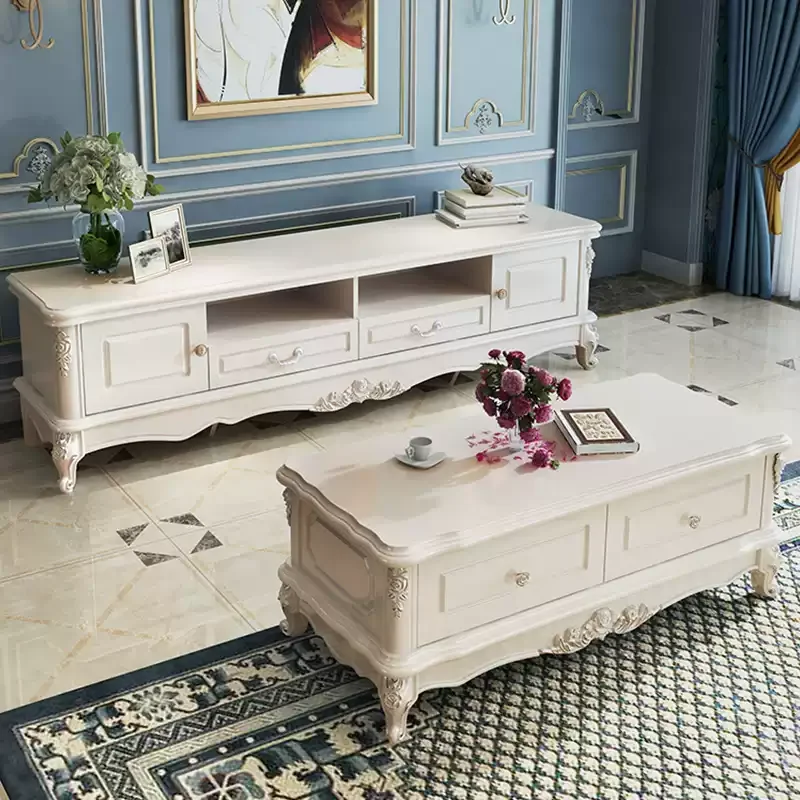 European Style Coffee Table & TV Stand Set, Wood Surface Storage Cabinet for Living Room Home Furniture