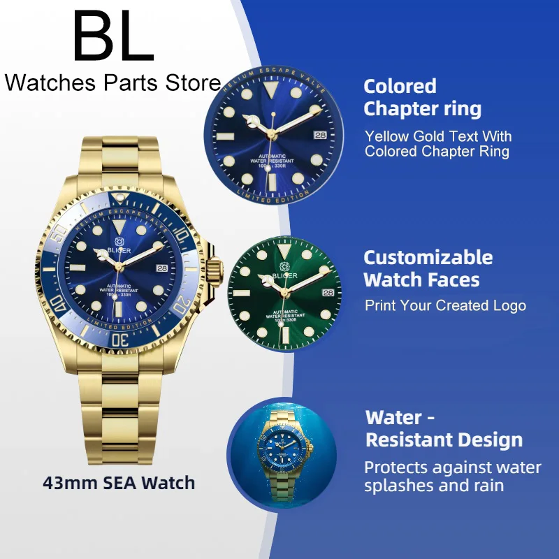 BLIGER Gold Two Tone Gold 43mm Big Size Men Watches Stainless Steel Waterproof Sapphire Glass Reloj Masculino Blue Sunburst Dial