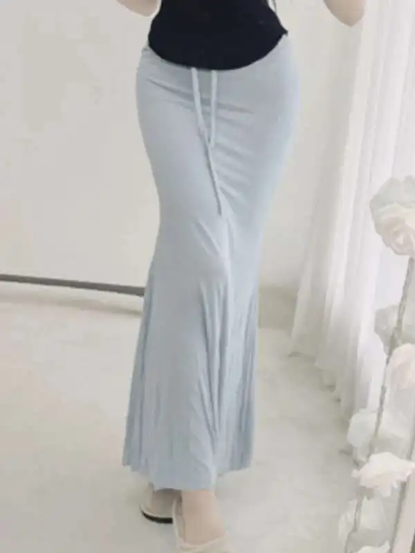 Spódnica damska w stylu koreańskim na jesień/zimę 2024, z wysokim stanem, sznurowana, typu rybka, gładka, wyszczuplająca, codzienna, uniwersalna, kopertowa, podkreślająca biodra, 14EG