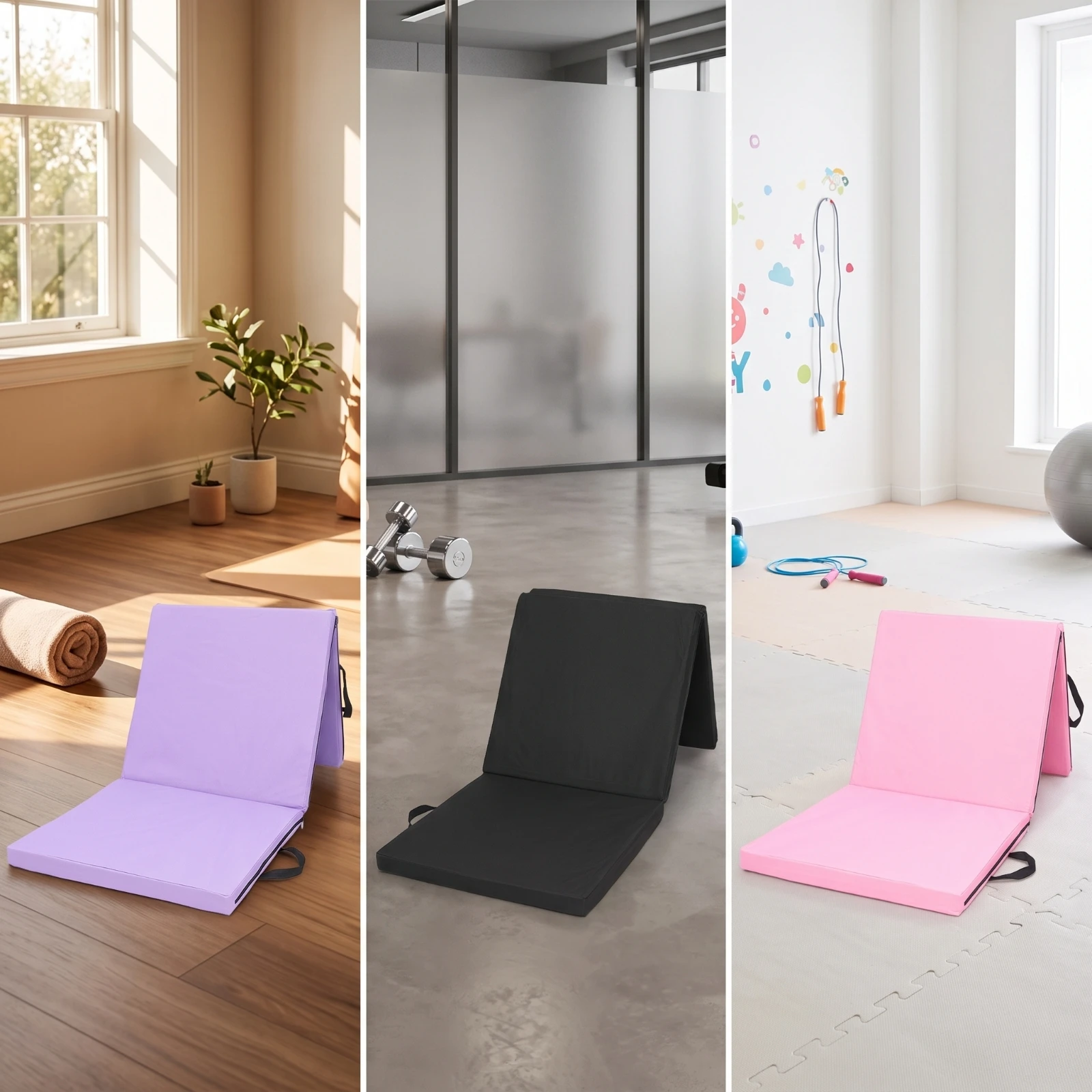 Tri-Fold Exercise Mat with Carrying Handles Foldable Tri-Fold Exercise Mat Portable Thick for Gymnasts, Home Workouts