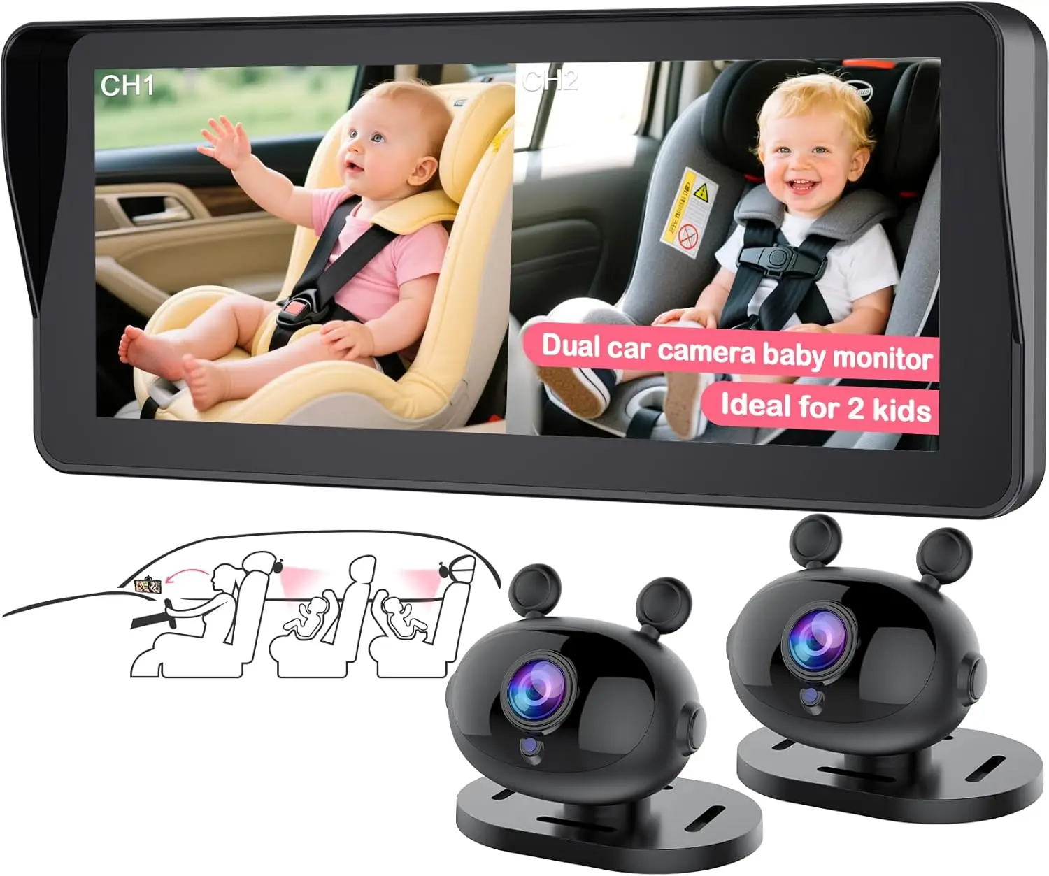 

6,9-дюймовая HD 1080P двойная автомобильная камера для наблюдения за двумя детьми: разделенный экран, ночное видение, 360° ° Вращение, простая установка