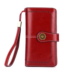 Bolso de mano largo de cuero genuino para mujer, cartera para teléfono móvil, monedero grande, aceite de cera de marca