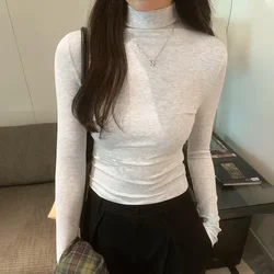 Basic Cotton T Shirt Women Turtleneck Slim Tshirt Long Sleeve T-shirts Female Casual Elasticity White Tee Shirt Femme Woman Top