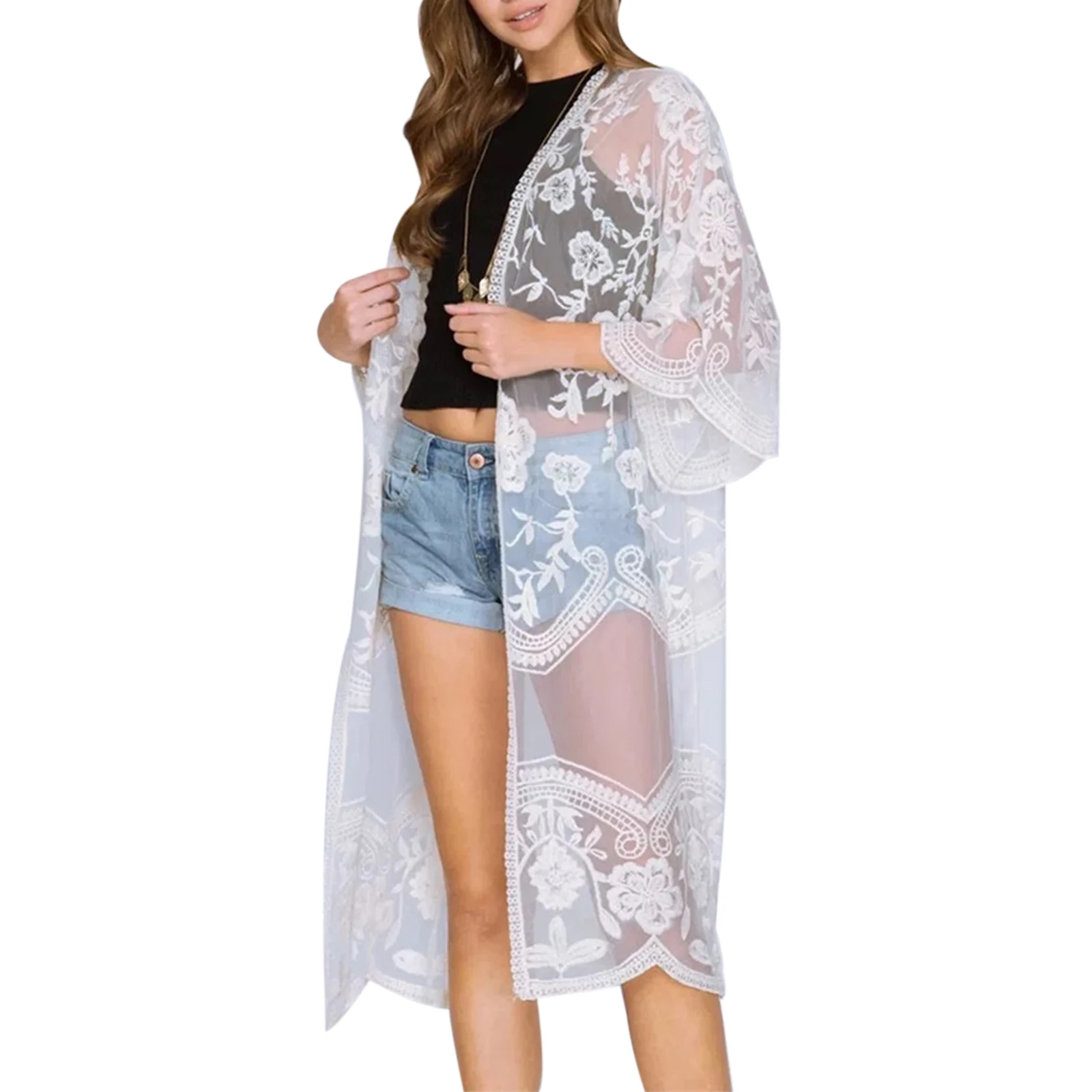 Women New Fashion Casual Beachwear Cardigan, Solid Color 3/4 Sleeve See-Through Embroidery Flower Cover-Up