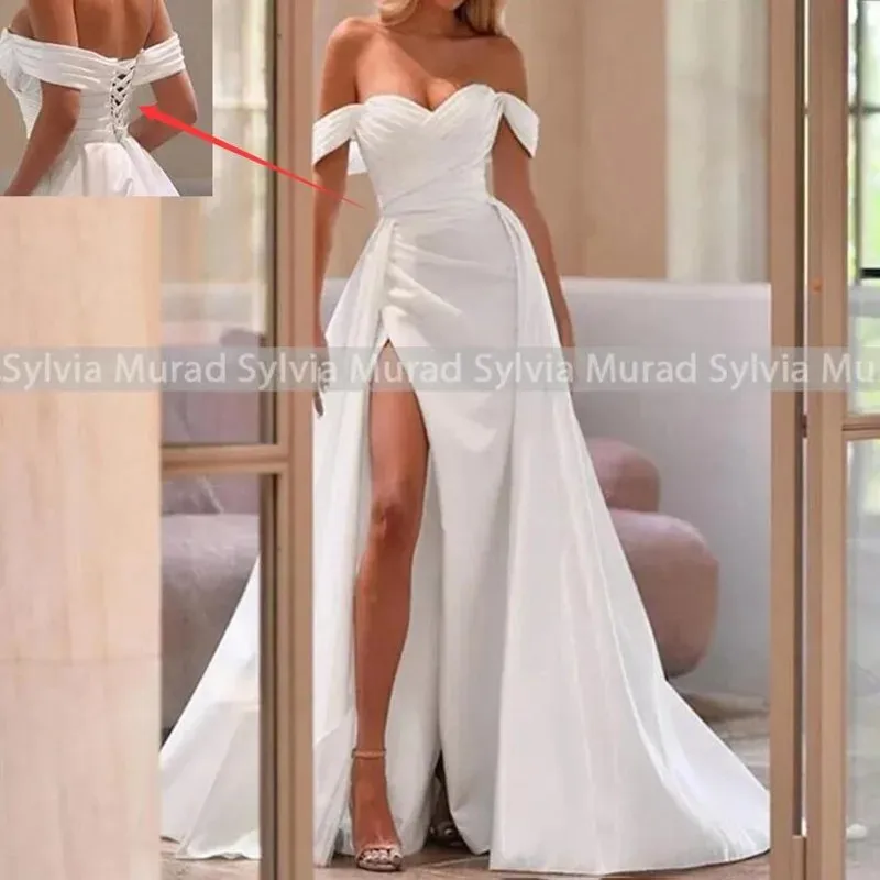 Off Shoulder Long Wedding Dress A Line Pleat Mermaid High Slit Waistline Cap White Satin Women Dresses Bridal Gown