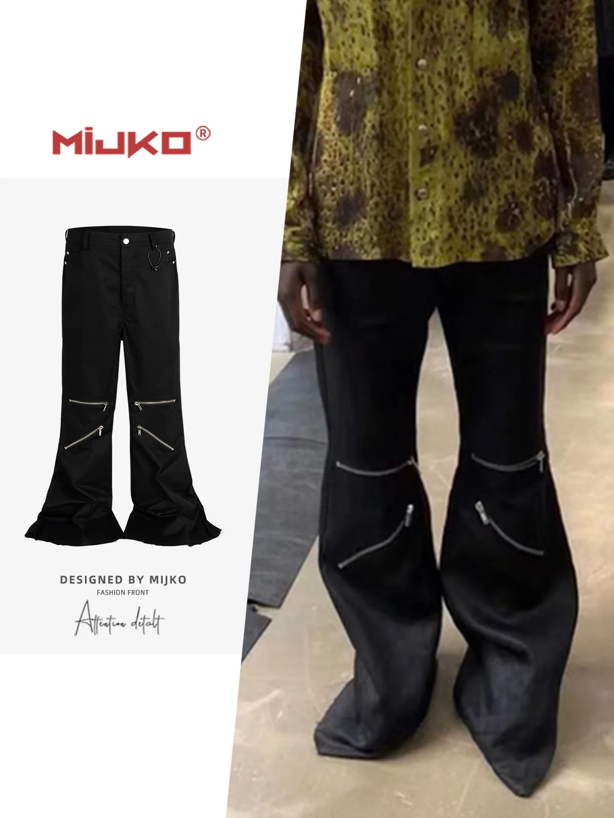 

MIJKO High Street Black Pants Men's Knee Multi Zipper Workwear Wide Leg Loose Casual Flared Floor Pants Men Clothing #8515