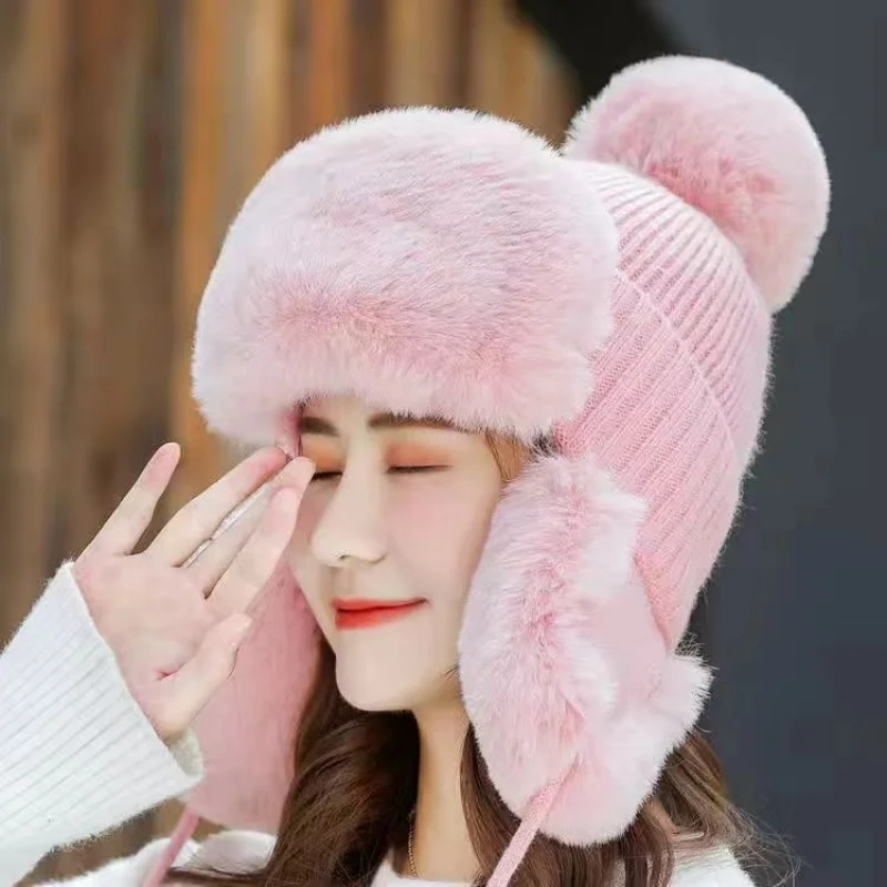 New Real Rabbit Fur Diamonds Letter Beanies Hats For Women Winter Warm Knitted Hat Famous Brand Lady Casual Bonnet Skiing Cap