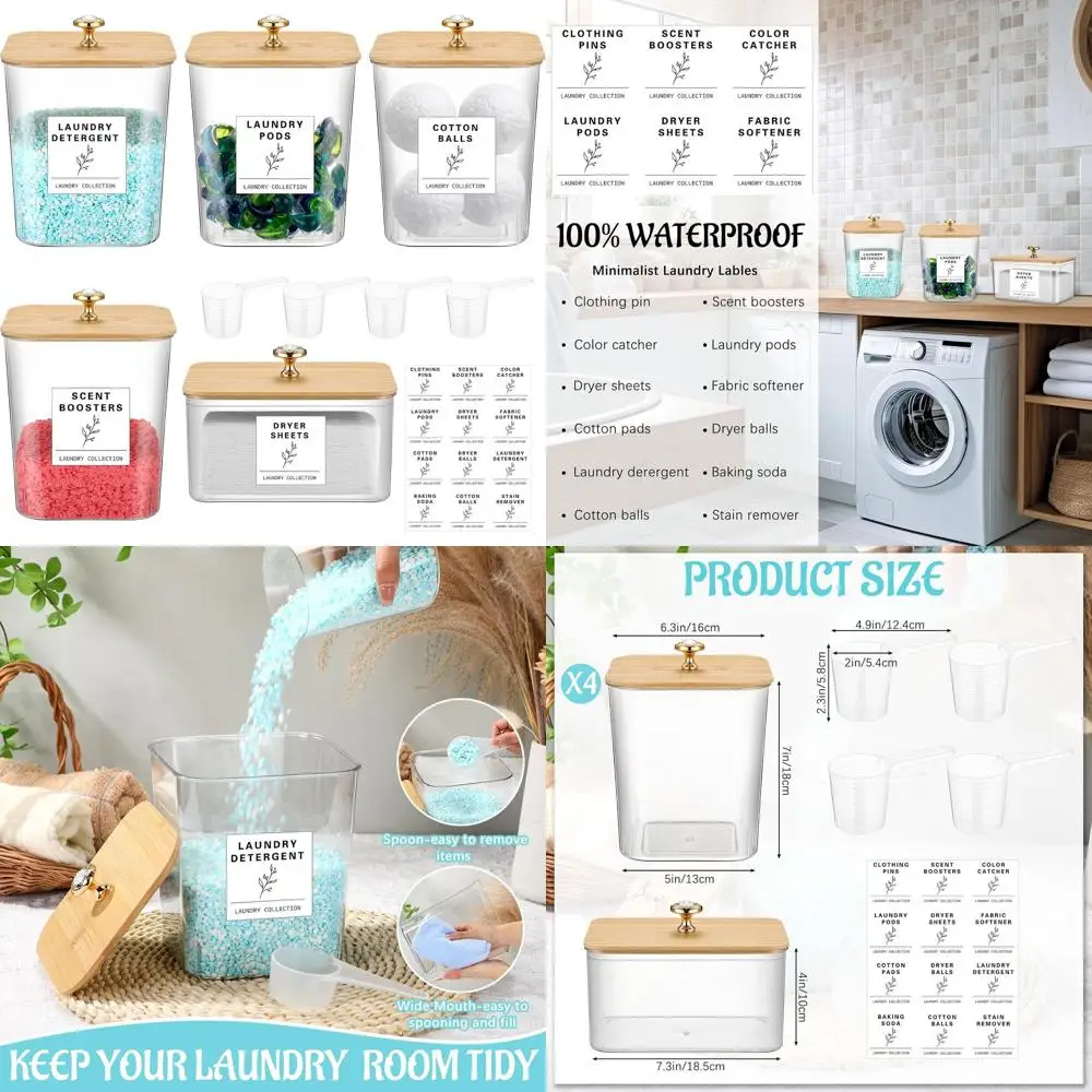 

Набор контейнеров для хранения белья: 4 большие емкости по 3 л и держатель для салфеток для сушилки с бамбуковыми крышками и 18 этикетками