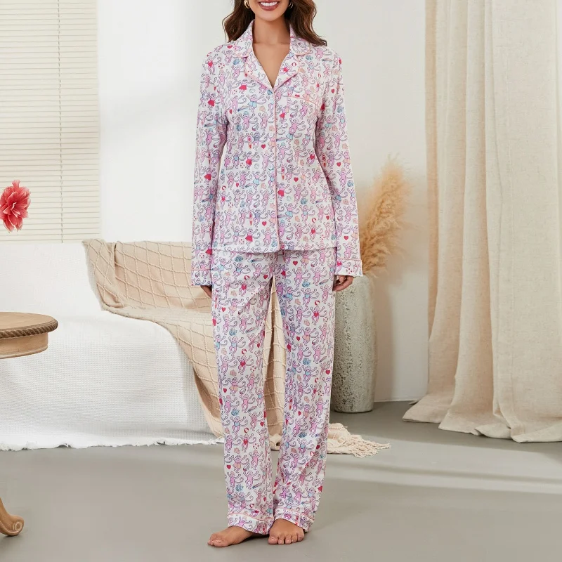 Monkey Pajamas for Women Preppy Style Sleepwear Set Cartoon Print Single Breasted Long Sleeve Tops and Trousers 2000s Loungewear