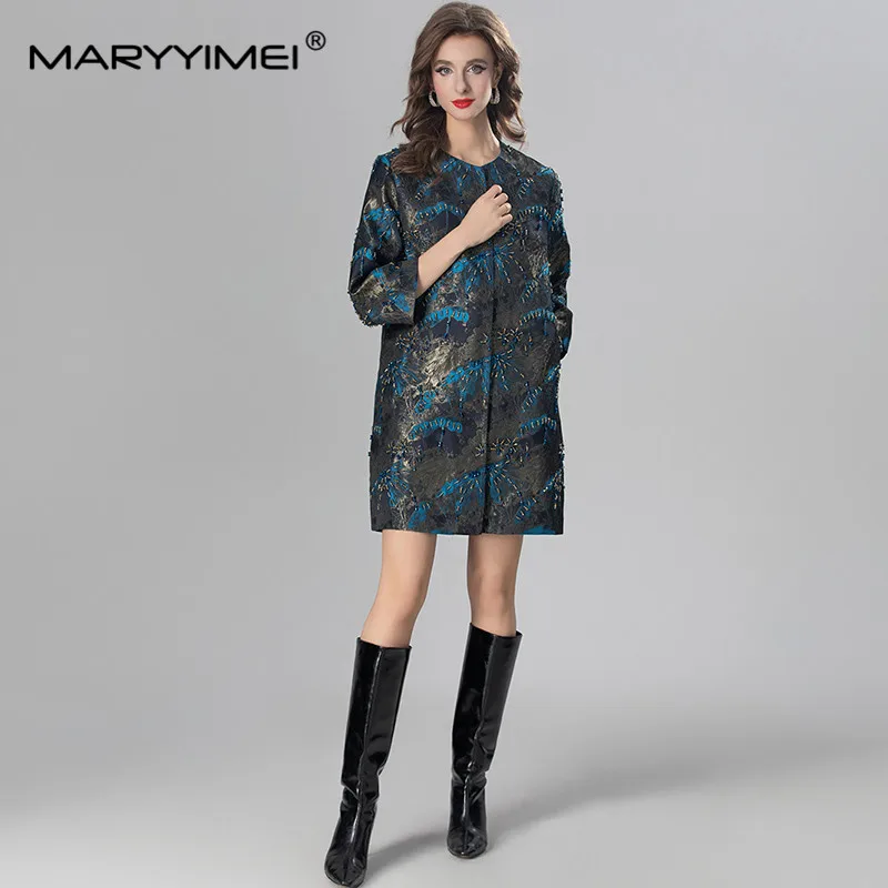 

MARYYIMEI Autumn and Winter Women's Coat Three Quarter Sleeve Single-Breasted Beading Jacquard Fashion Overcoat