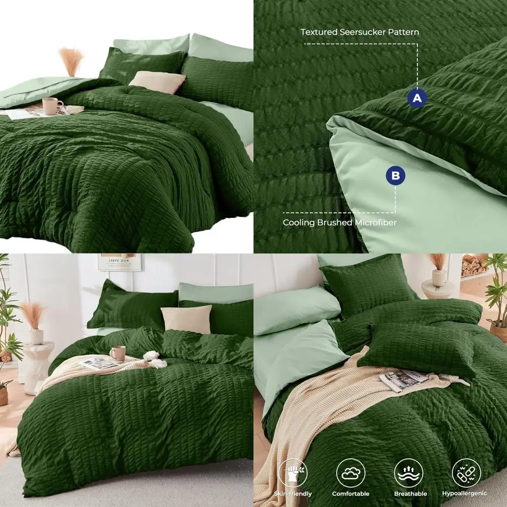 

7-предметный комплект постельного белья из сиреневого сирсакера: роскошное всесезонное постельное белье с простынями, наволочками и декоративными наволочками.