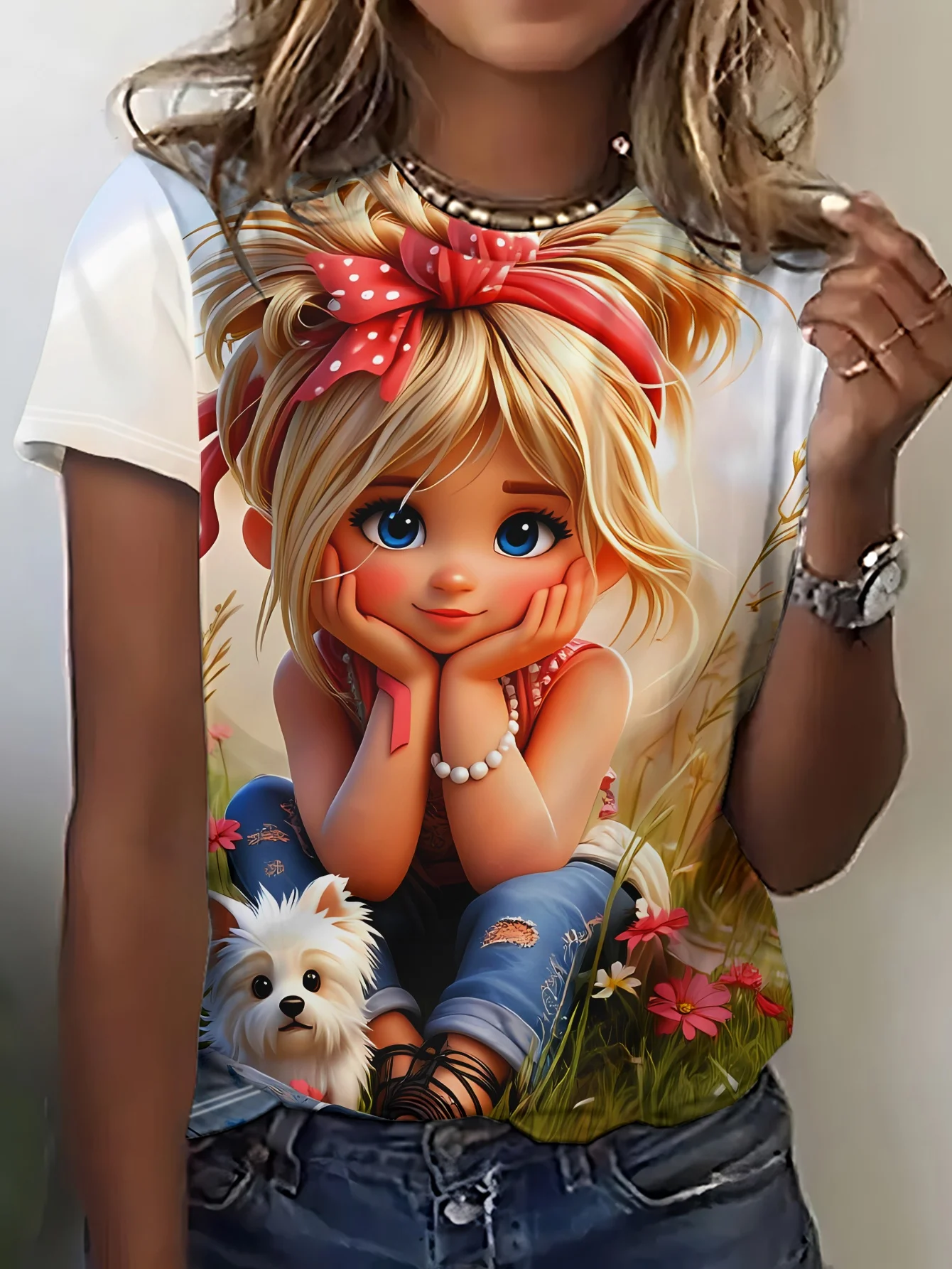 Women Crew Neck Short Sleeve T‑Shirt, Cute Cartoon Blonde Girl With Puppy Wildflower Grassland Graphic Print Casual Summer Tee