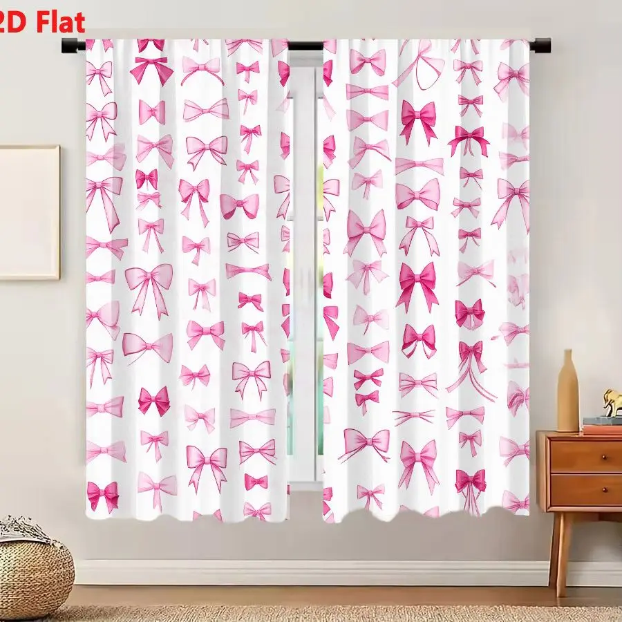 2Pcs Curtains 2D Flat Seamless Pattern Of Pink Ribbons And Bows In Various Shades On White Background For Fabric And Wrapping Pa