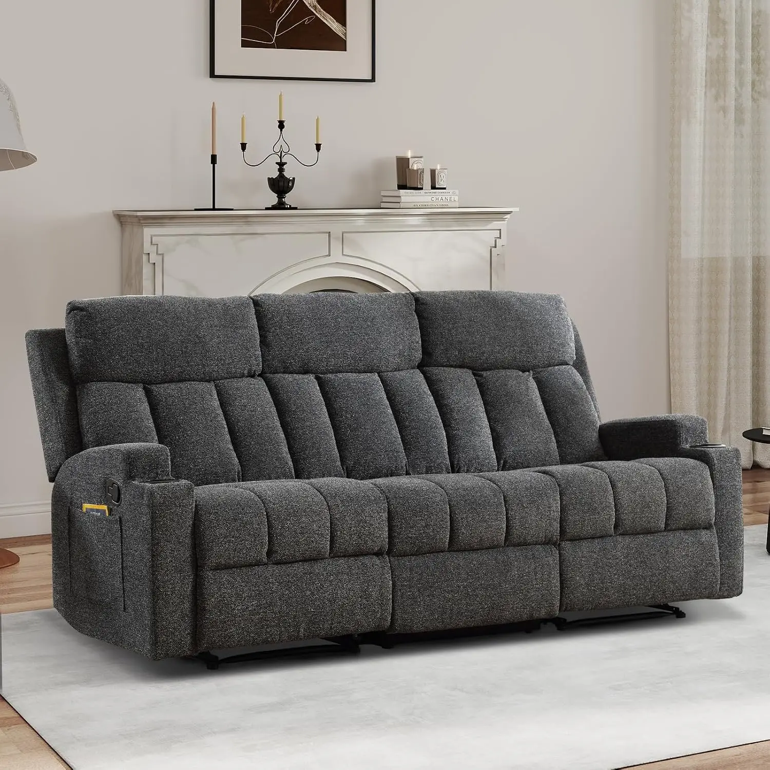 Manual Recliner Sofa 3-Seat with Pockets & Cup Holders Adjustable Footrest for Living Room Office Theater, Customized