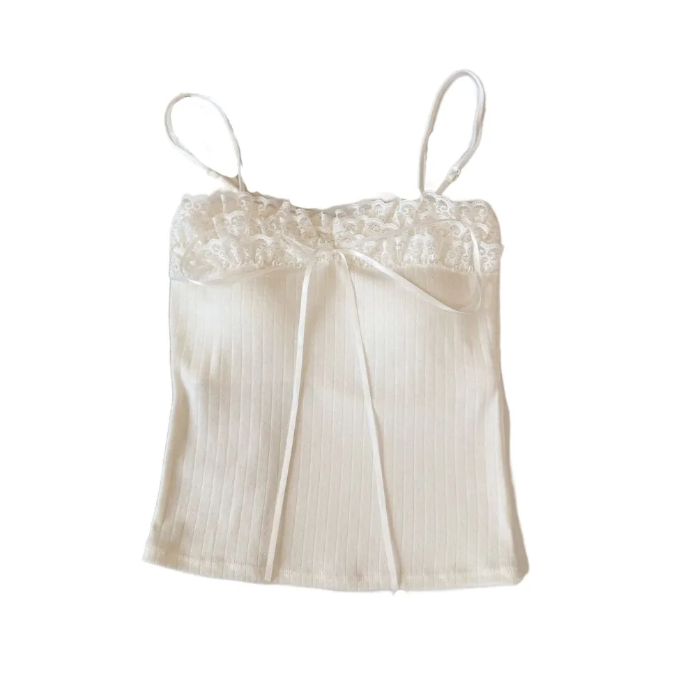 Fashion Bow Slim Lace Crop Top Bottoming Shirt Sweet Girl's Vest Top Summer Spice Girls Style Camisole with Pads Women