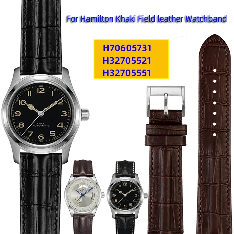 For Hamilton Genuine Leather WatchBand Khaki H7060573 Cowhide Bracelet Crocodile skin texture strap 20mm 22mm Men's Black brown