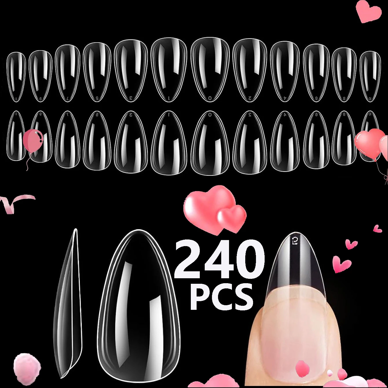 240 Uds. Puntas de uñas postizas de almendra, extensión de uñas postizas suaves y mate transparente, 12 tamaños para manicura de salón de uñas DIY para el hogar