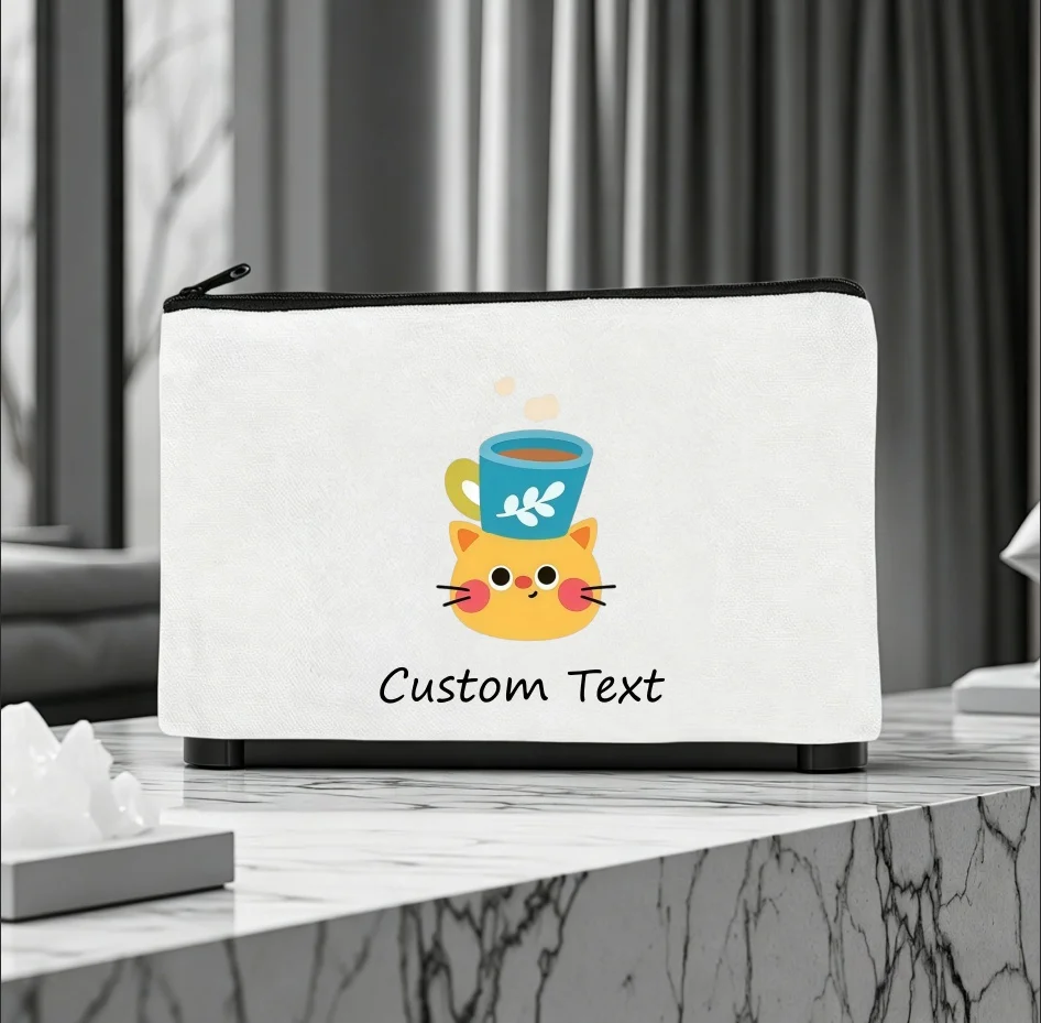 Custom Text Cute Orange Cat With Coffee 1PC Cup Cosmetic Pouch Cartoon Cat Zipper Makeup Bag Personalized Canvas Storage Gift