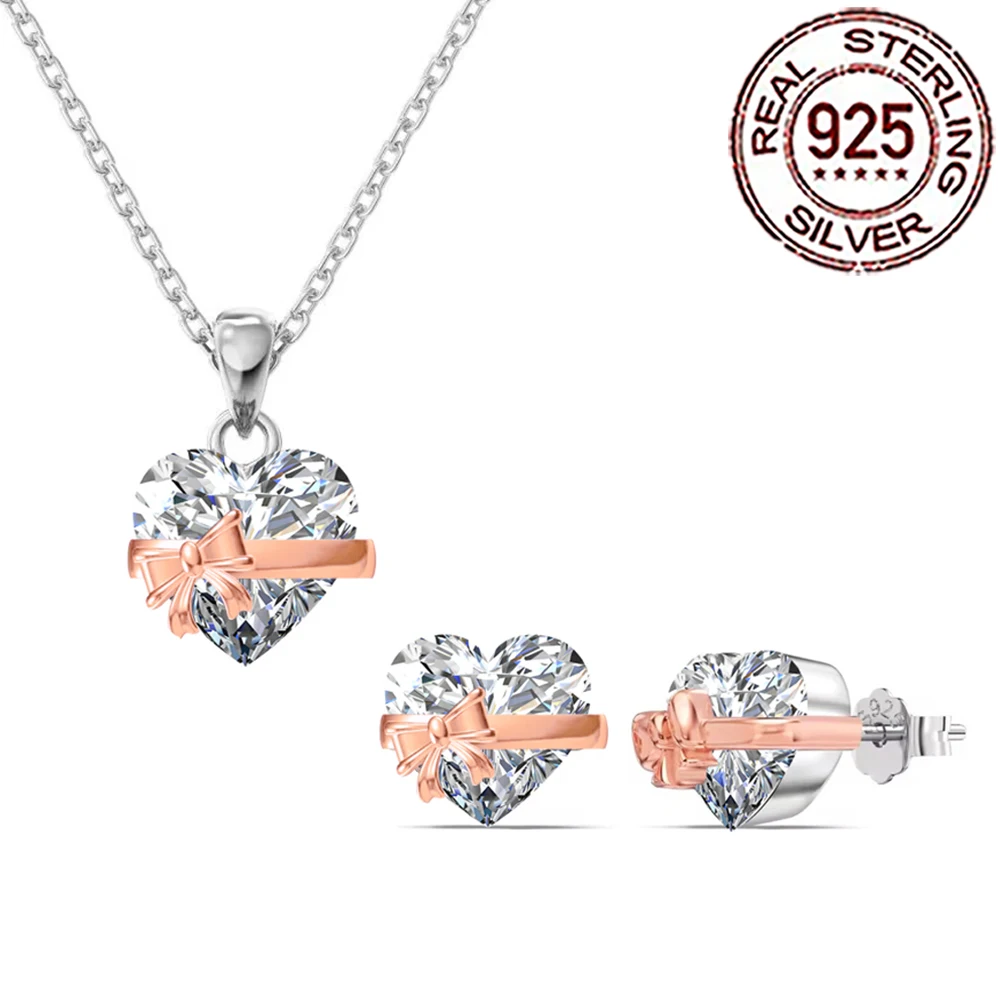 

CWWZircons Серебро 925 Модное Сердце CZ Камень Розовое Золото Цвет Бантом Дизайн Ожерелье 2 Шт. Наборы для Женщин Изящные Ювелирные Изделия Для Вечеринки ST035