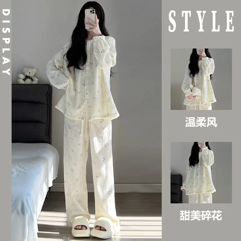 Women Pajamas Women Crew Neck Spring Autumn Teen Girl Student Long-Sleeve Long Pants Button Pajama Set Women Clothing Pajamas