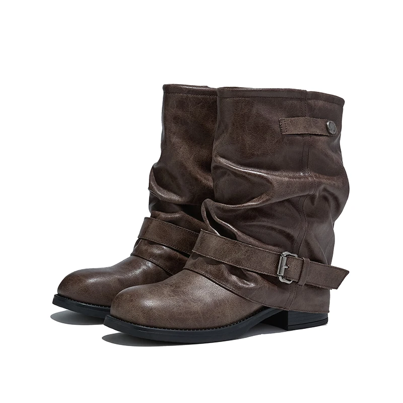 2026 New Women's Mid-Calf Boots Wrinkled Buckle Western Rider Boots Non-Slip Fashion Ankle Boots and Short Boots female