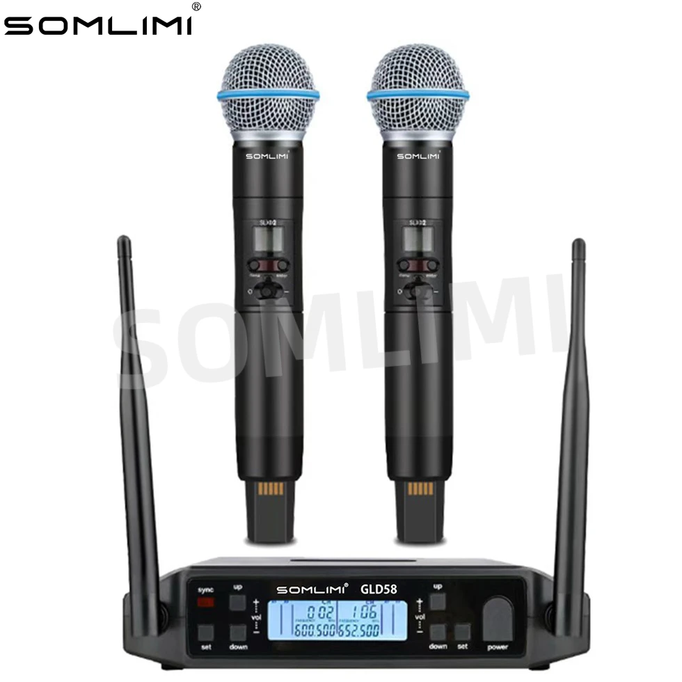 

SOMLIMI GLXD24-SLXD58 Metal Handheld Profressional Wireless Microphone 600MHz UHF Automatic Scan 2-channel Stage Performance