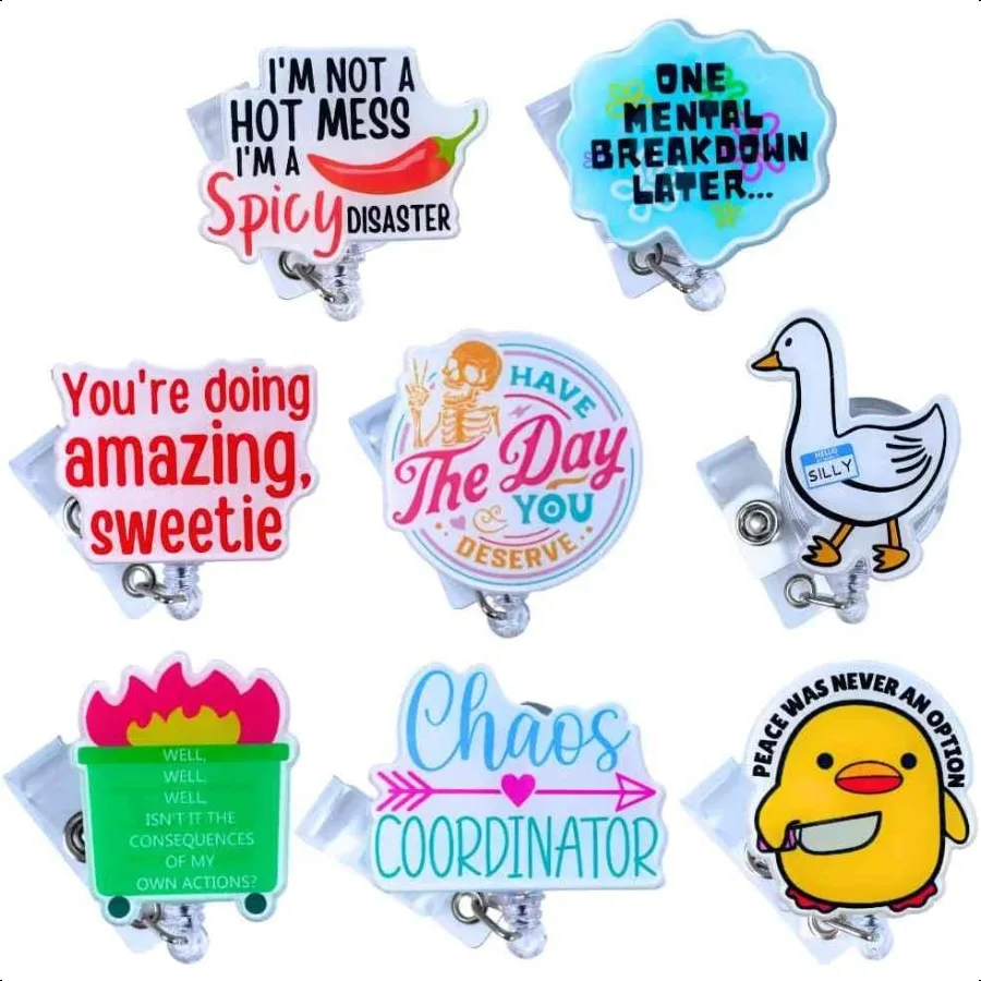 

8 PC Cute Funny Badge Reel ID Card Name Tag Retractable Clip Reels Dumpster Fire This is Fine Meme Sassy for s Teacher Student