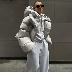 Autumn Winter Parkas for Women Elegant Fashion Hooded Oversized Coats Solid Warm Thicken Long Sleeve Casual Cotton Padded Jacket
