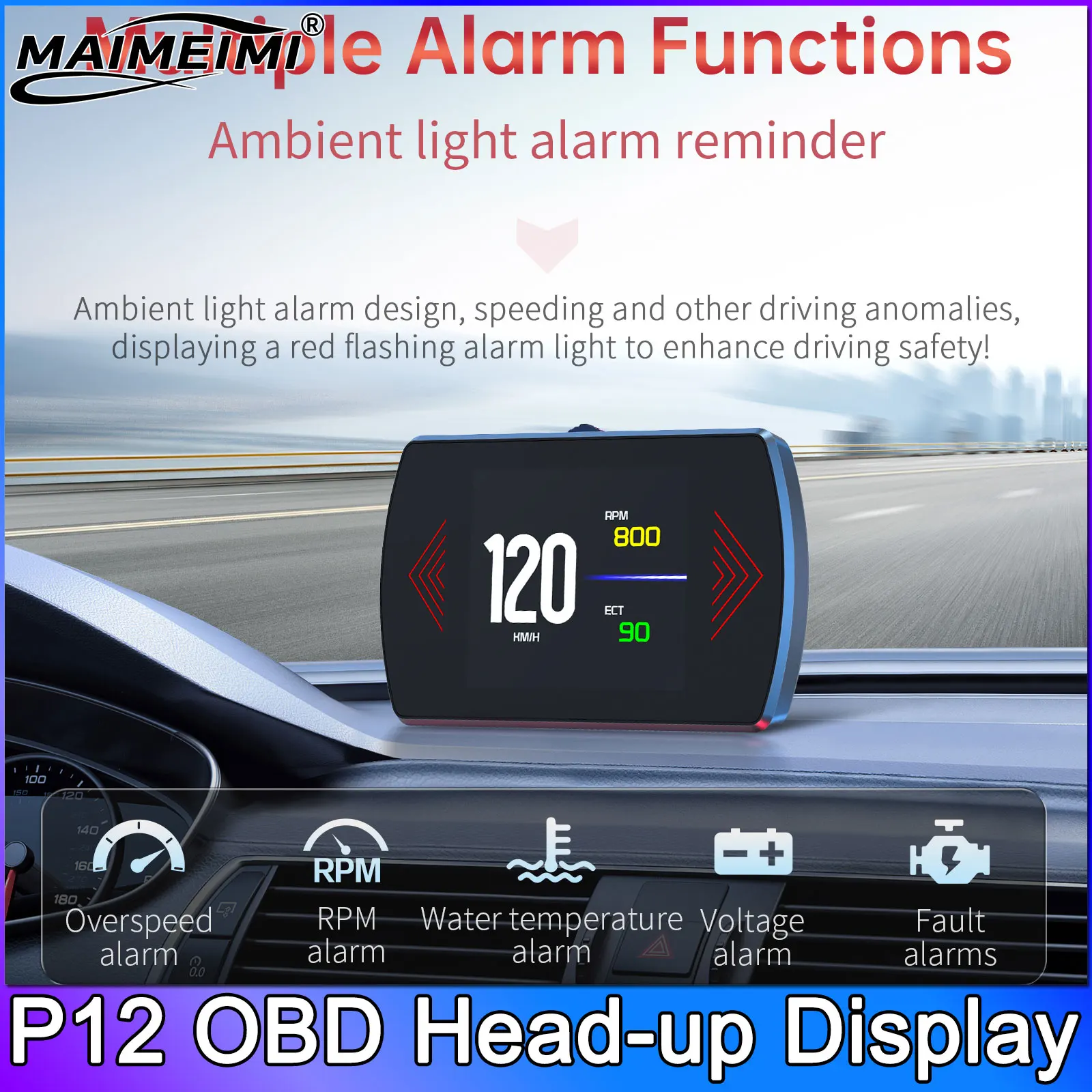 P12 OBD2 Head Up Display Car Speedometer Tachometer Gauge Smart Digital Meter Speed Fuel Read Fault Code Driving Computer