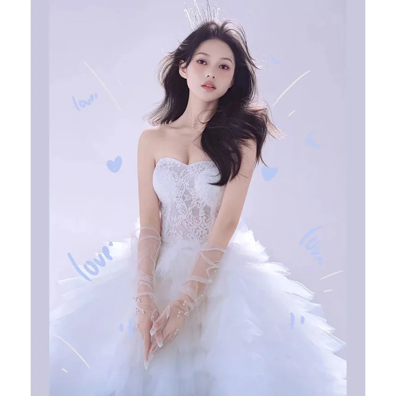 Strapless Wedding Dress Sweet And Fashionable Princess Style Outdoor Photography Fluffy Gauze Colorful Gauze Dress Customized
