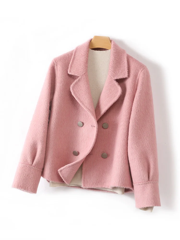 Large Lapel Short Buckle 100% Pure Wool Coat Female Reversible Woolen Coat Fashion Girl All-Matching Women\'s Wear