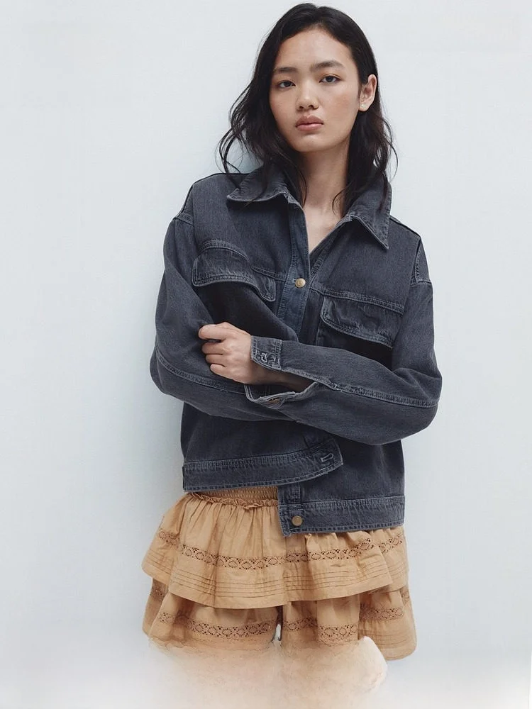 

H&M Women's Oversized American Sle Trendy Denim Jaet ort Outerwear Spring Faion Casual Cotton ket Detail Coat