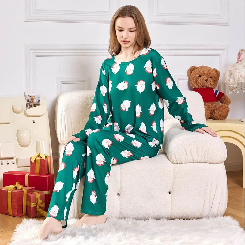 Large Size Sleepwear Women Cartoon Printing Santa Claus School Pyjamas Two-Piece Set Long-Sleeved Trousers Christmas Home Wear