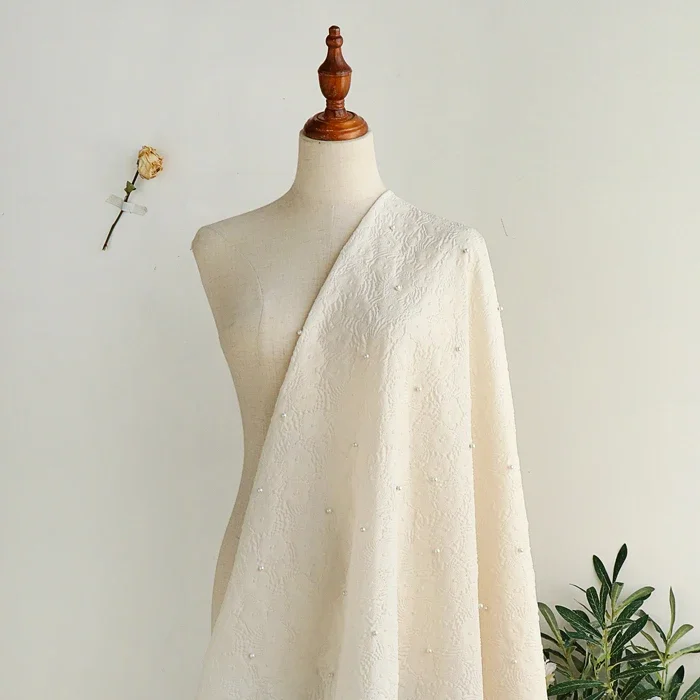 130x50cm 3D Pearl Rose Relief Cloth Dress, Large Swing Skirt, Handmade DIY Bag Wrapper, Fashion Sewing Cloth