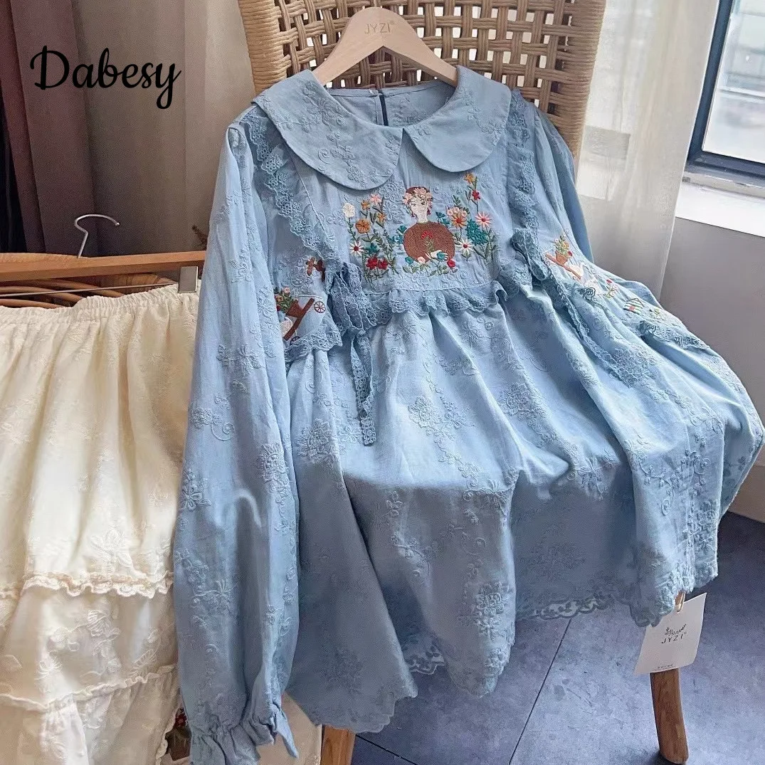 Mori Girl Peter Pan Collar Cotton Lolita Blouses Women Autumn Vintage Embroidery Kawaii long sleeve shirts Japanese Loose Tops