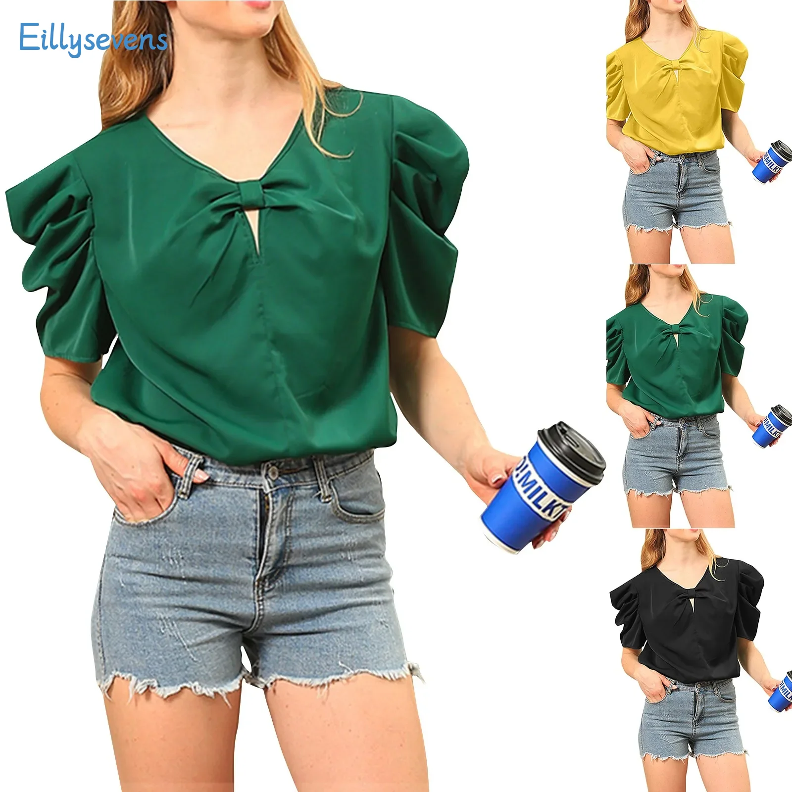 قمم الساتان أحادية اللون برقبة على شكل V ، كم منفوخ ، قمصان سفلية متعددة الاستخدامات ، تنقل يومي ، أنيق ، كل مباراة ، قوس بسيط ، جديد ، صيف