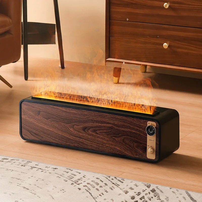 220V 3D Simulation Flame Retro Humidifier Electric Heater Ultrasonic Atomization With Light Walnut Wood Panel
