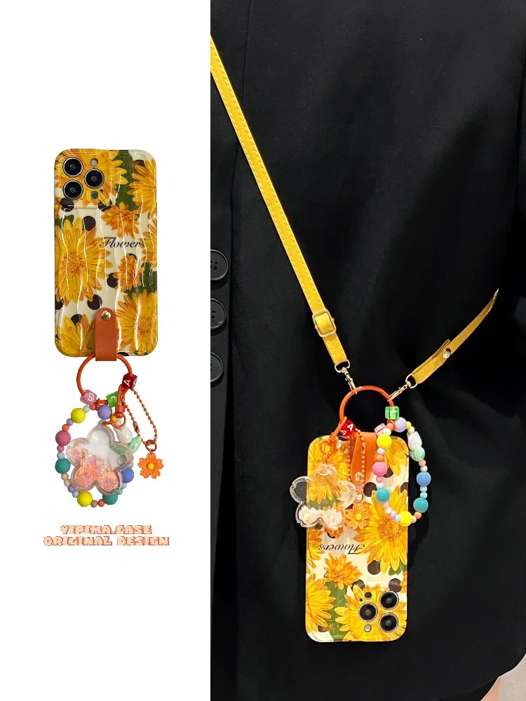 New Suitable for iPhone 14promax Yellow Daisy Flowing Sand Flower Hanger Case 13pro 12 Cross Body Strap 11 Fall Protection Cover