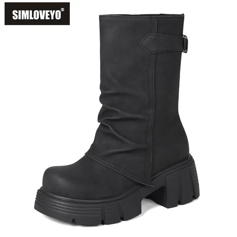 

SIMLOVEYO2025 новые замшевые женские ботинки до середины икры из флока с круглым носком 6,5 см, толстая подошва, без шнуровки на платформе с пряжкой на ремне