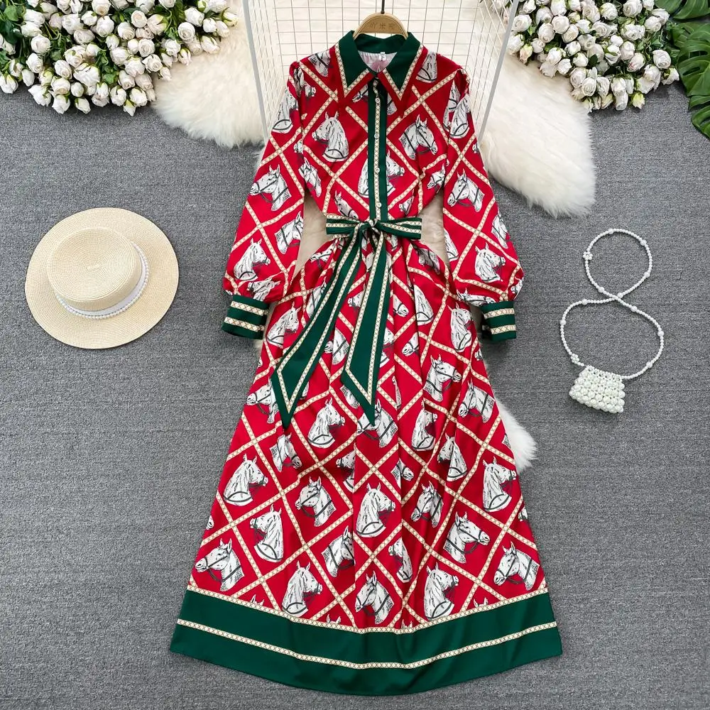 Fashion Designer Plaid Animal Horse Print Maxi Dress Women\'s Lapel Long Sleeve Bow Lace Up Contrast Color Long Robe Vestidos