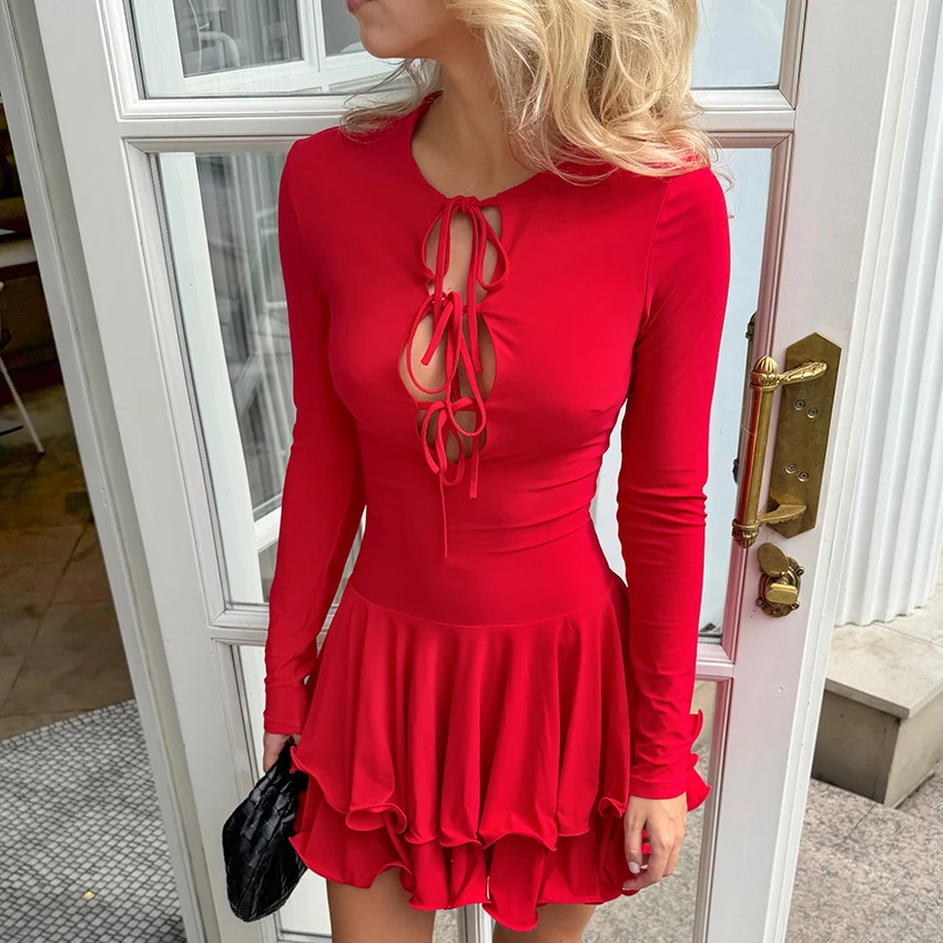 Women'S Red Formal Wear - Red Fashionable Knitted Elasticmini Dress Hollow