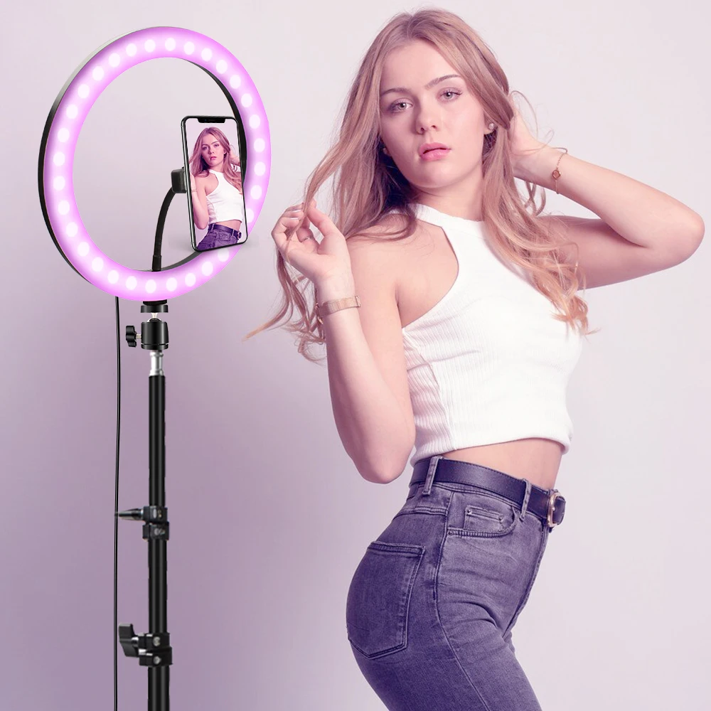 26cm Selfie Ring Light RGB Fill LED RingLight Selfie Lamp Photography Lighting With Mobile Holder Tripod Stand For Video Youtube