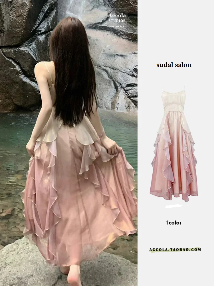 

2025Summer New Pure Desire Waist-Cinching Chiffon Tie-Dye Ruffle Fairy Dress Strap Dress Super Fairy Heavy Craft Dress