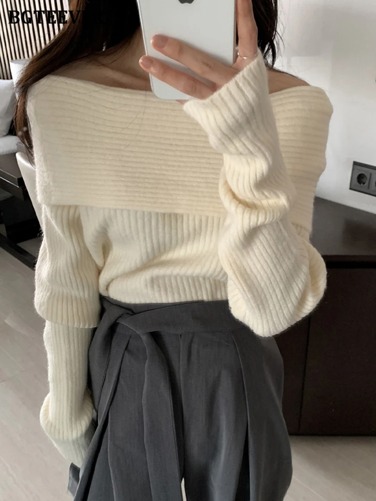 

BGTEEVER Fashion Slash Neck Pullovers Sweaters Women Autumn Winter Elegant Long Sleeve Thicken Female Solid Knitted Tops