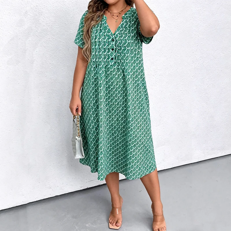 

plus Size Women's V-Neck Midi Dress Short Sleeve Button Print Summer Casual Loose Dress with Pockets for Vacation